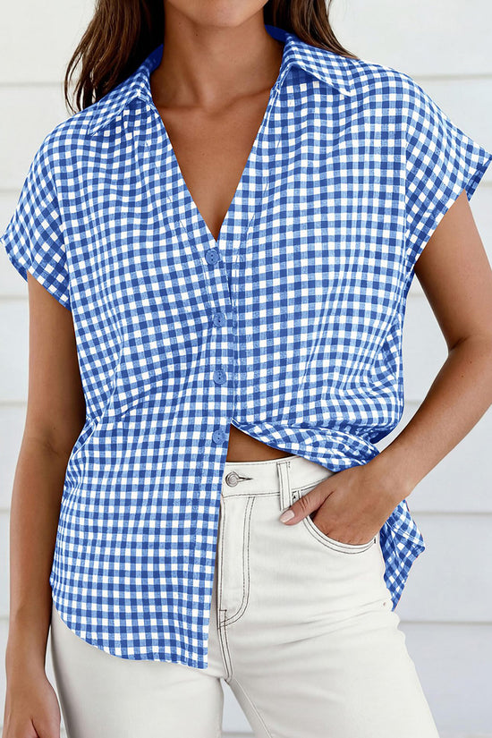 Checkered Tie-Front Short Sleeve Blouse