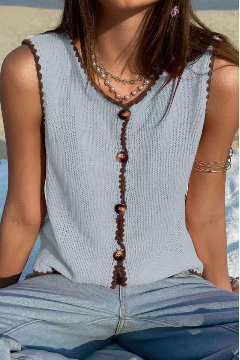 Button-Front Sleeveless Sweater Vest
