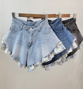 Floral Trim Denim Shorts
