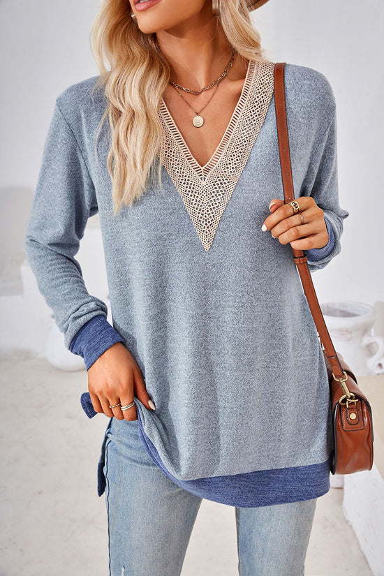 V-Neck Crochet Trim Long Sleeve Top