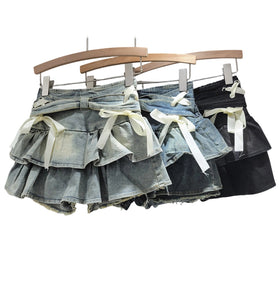 Bow-Adorned Frill Denim Skirt