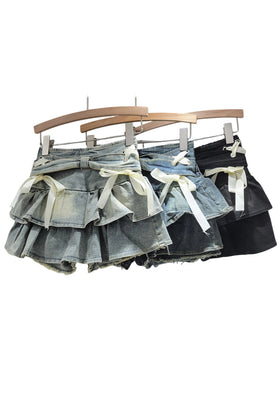 Bow-Adorned Frill Denim Skirt