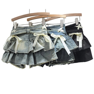 Bow-Adorned Frill Denim Skirt