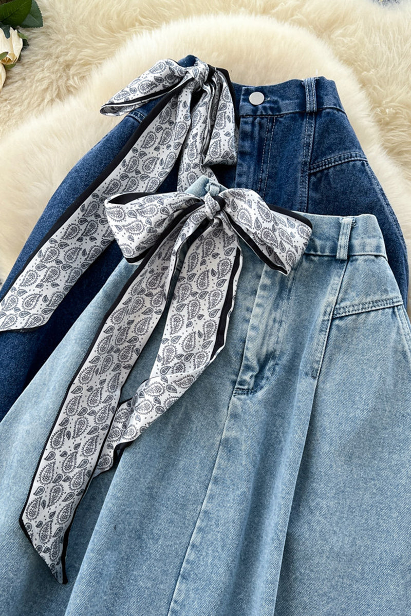Stylish Denim Skirt with Bow Accent