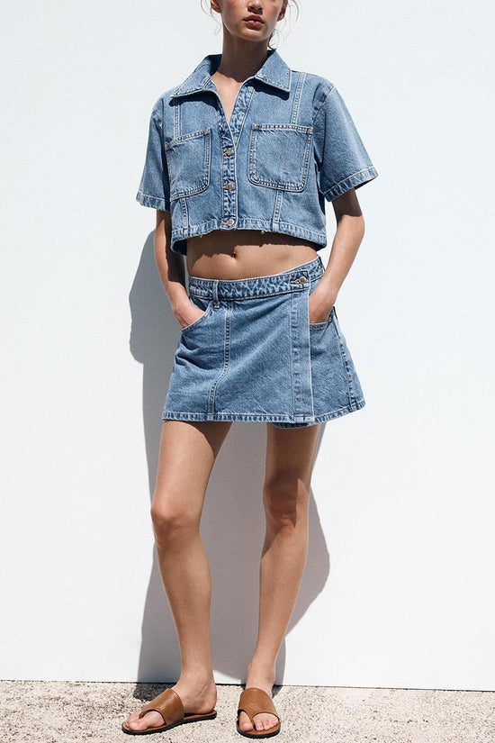 Stylish Denim Crop Top and Skirt Set
