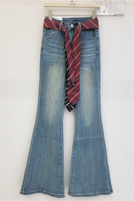 Flare Denim Trousers with Tie Belt