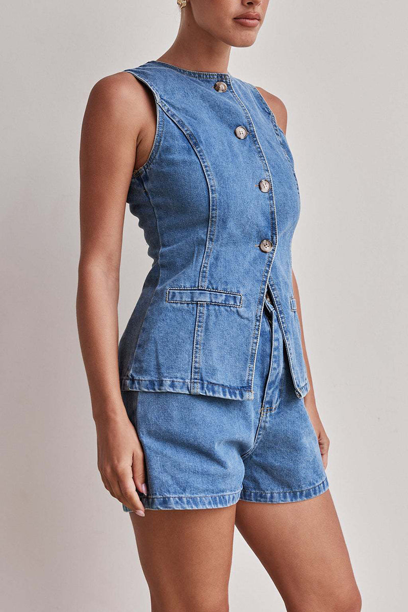 Chic Buttoned Sleeveless Shorts Set