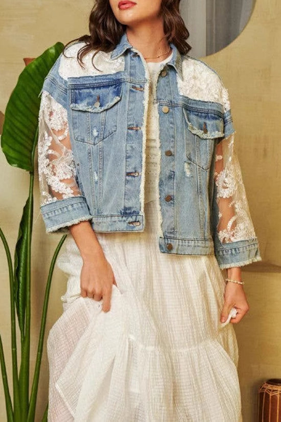 Chic Denim Jacket with Lace Sleeves