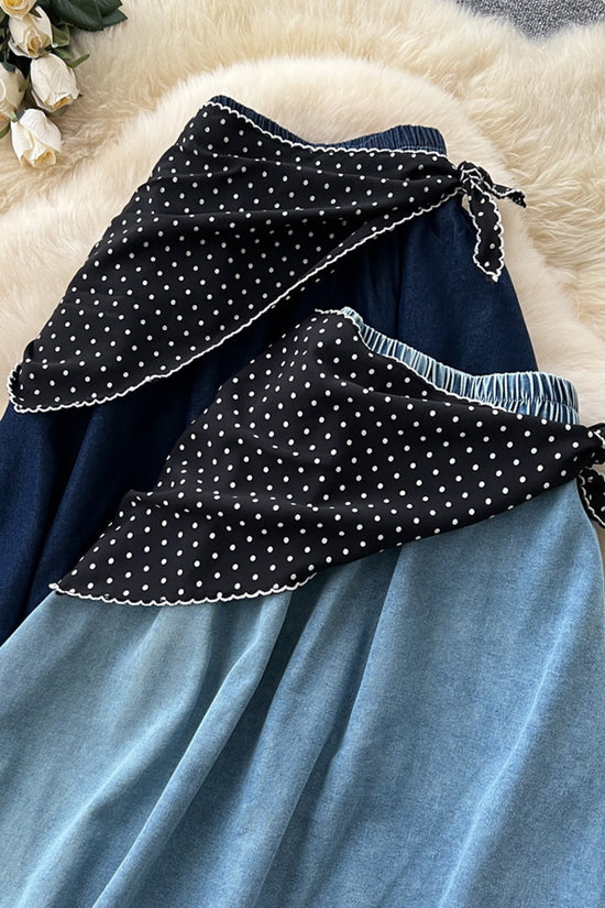 Polka-Dot Tie Detail Denim Skirt