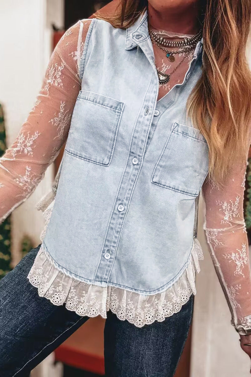 Chic Denim Vest with Lace Trim