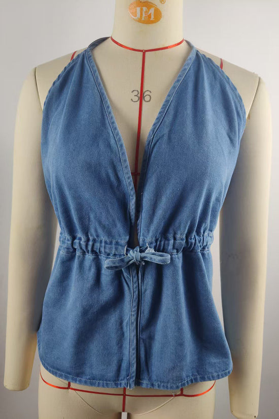 Backless Halter Denim Tank Top