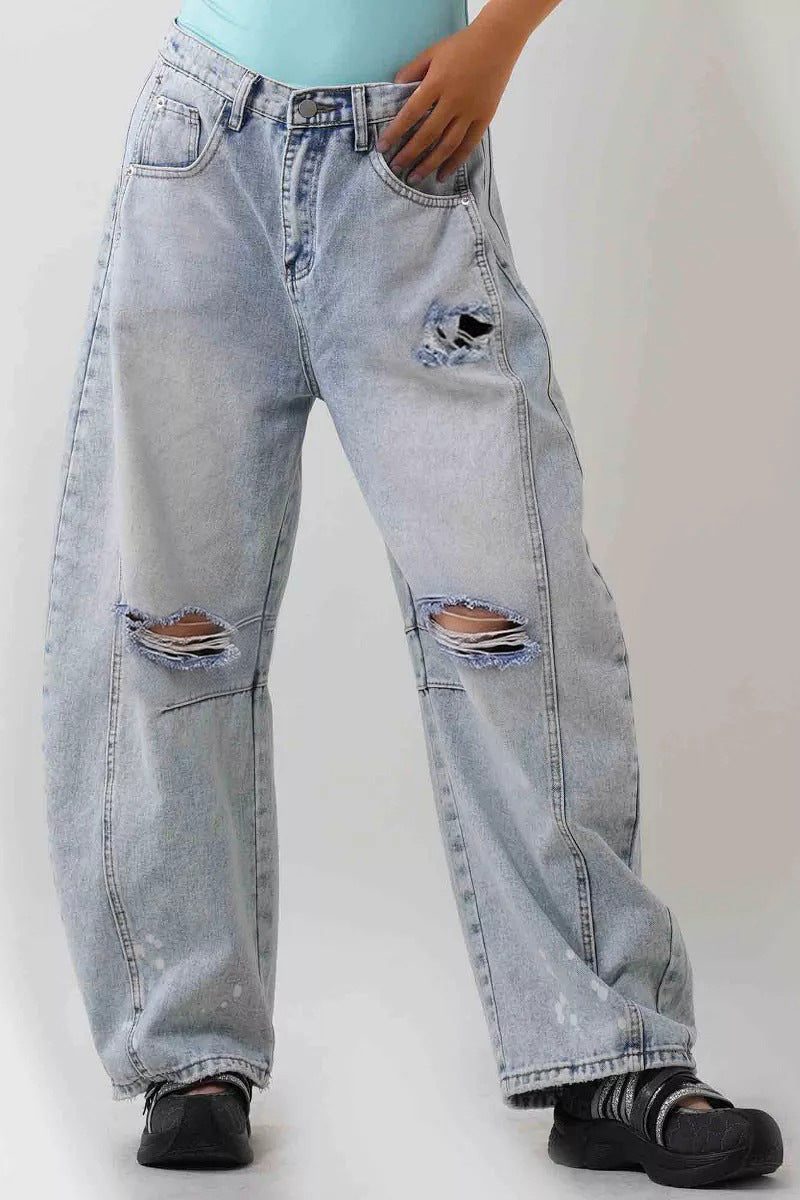 Distressed Barrel Jeans with Casual Fit