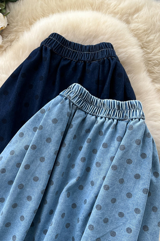 Polka Dot Flowy Denim Midi Skirt