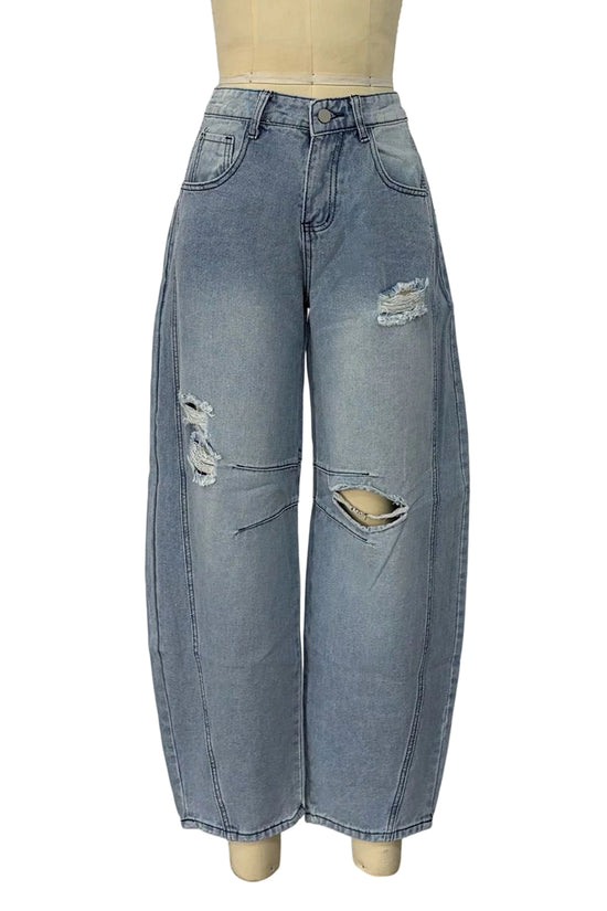Distressed Barrel Jeans with Casual Fit
