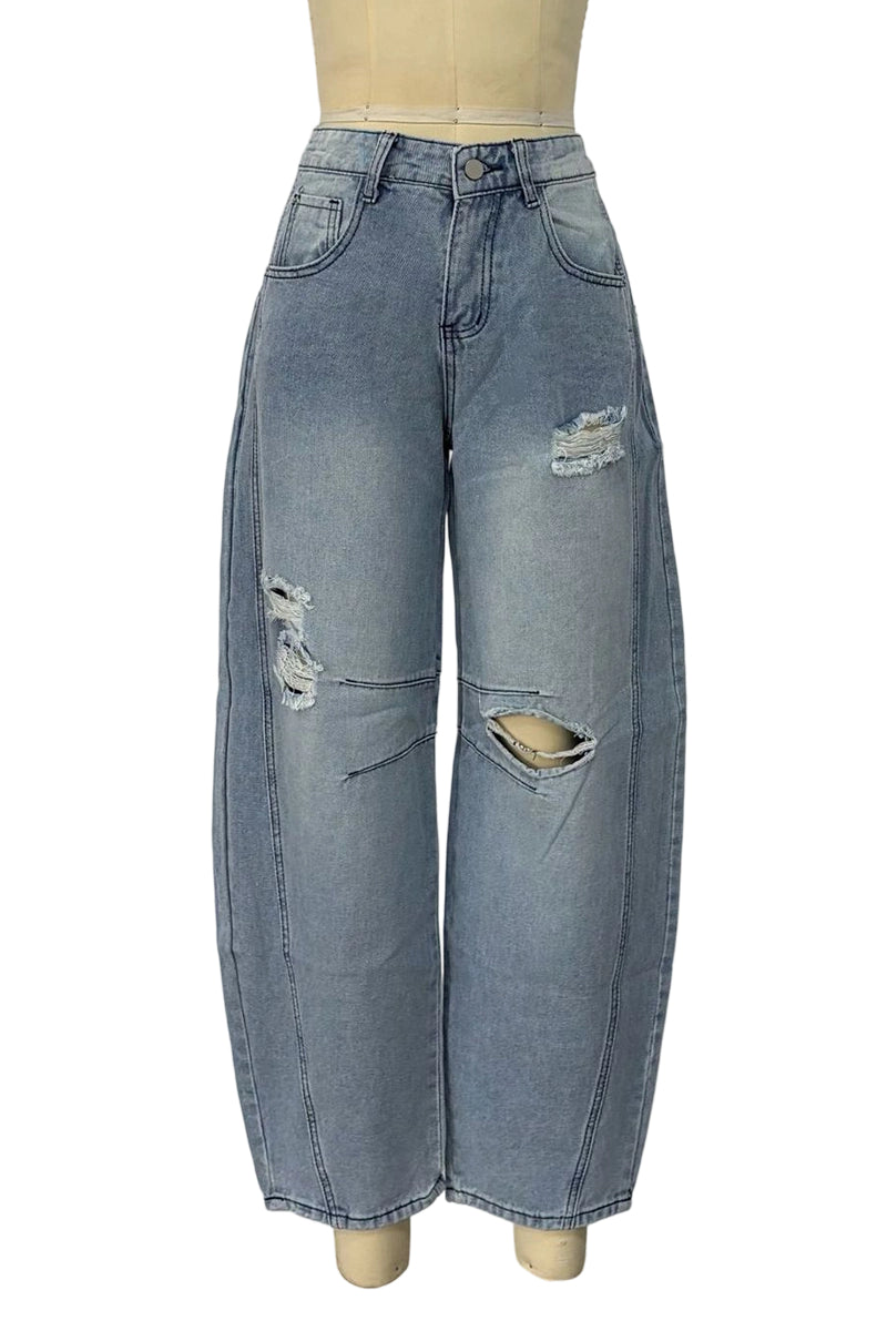 Distressed Barrel Jeans with Casual Fit