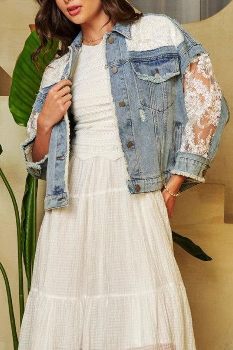 Chic Denim Jacket with Lace Sleeves