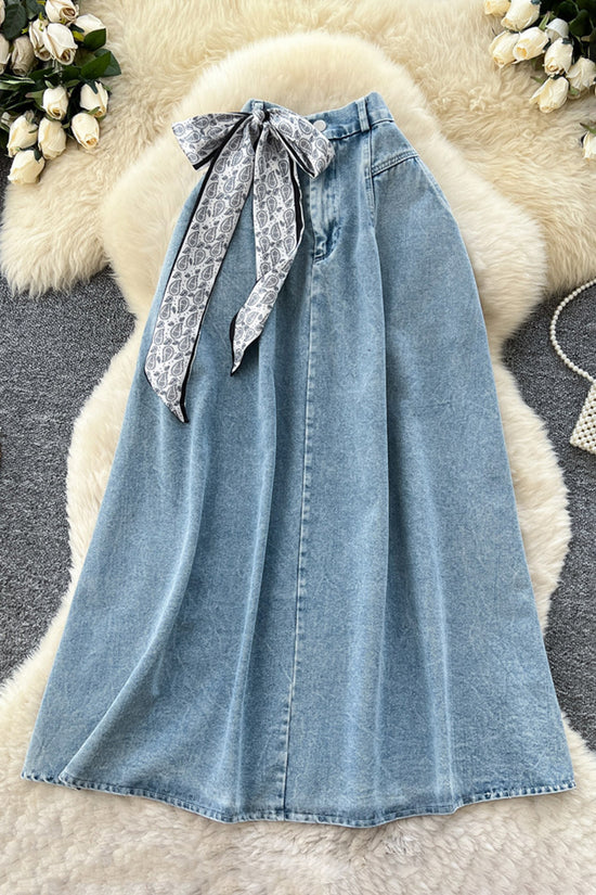 Stylish Denim Skirt with Bow Accent