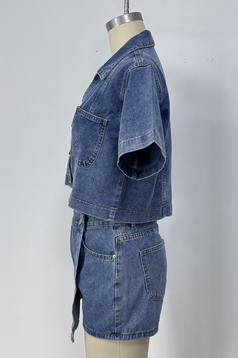 Stylish Denim Crop Top and Skirt Set