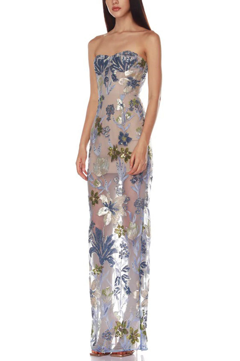 Floral Strapless Evening Bodycon Dress
