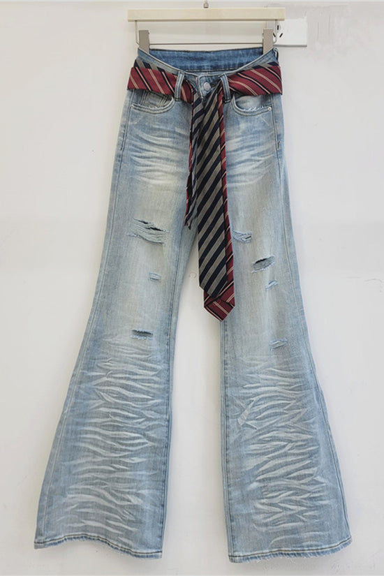 Distressed Flare Jeans with Belt Accent