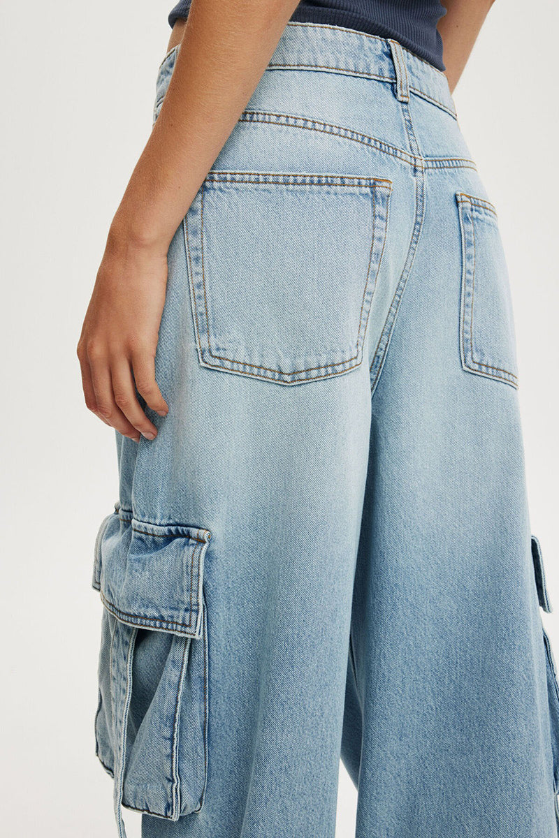 Wide-Leg Cargo Denim Pants