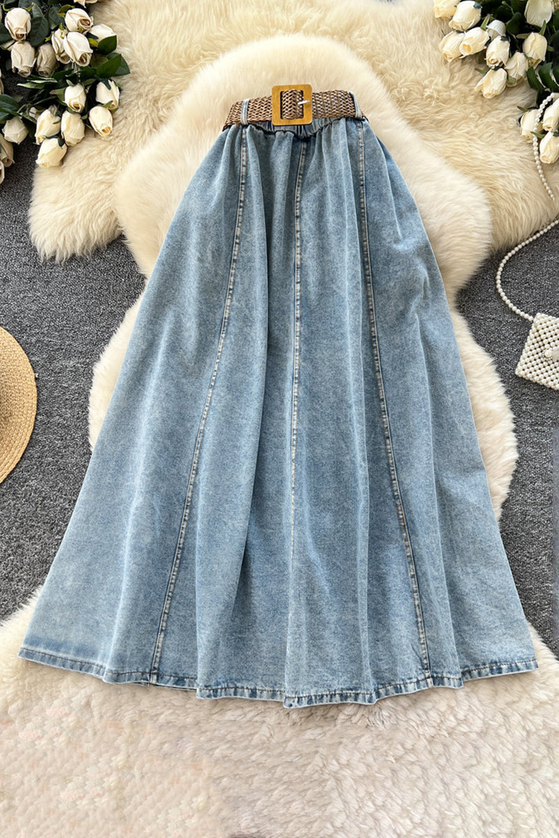 Classic Denim Midi Skirt with Belt