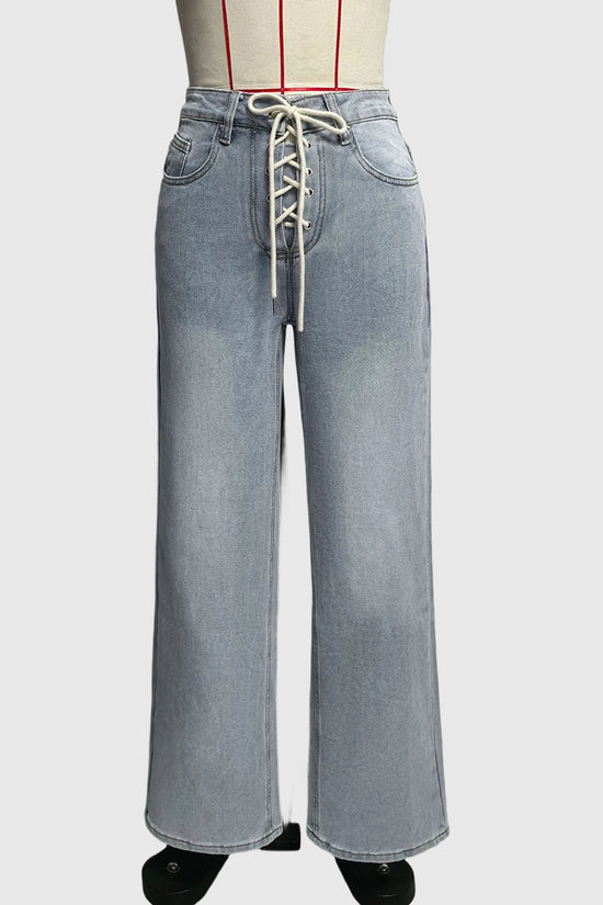High-Waist Straight Jeans with Lace-Up Detail