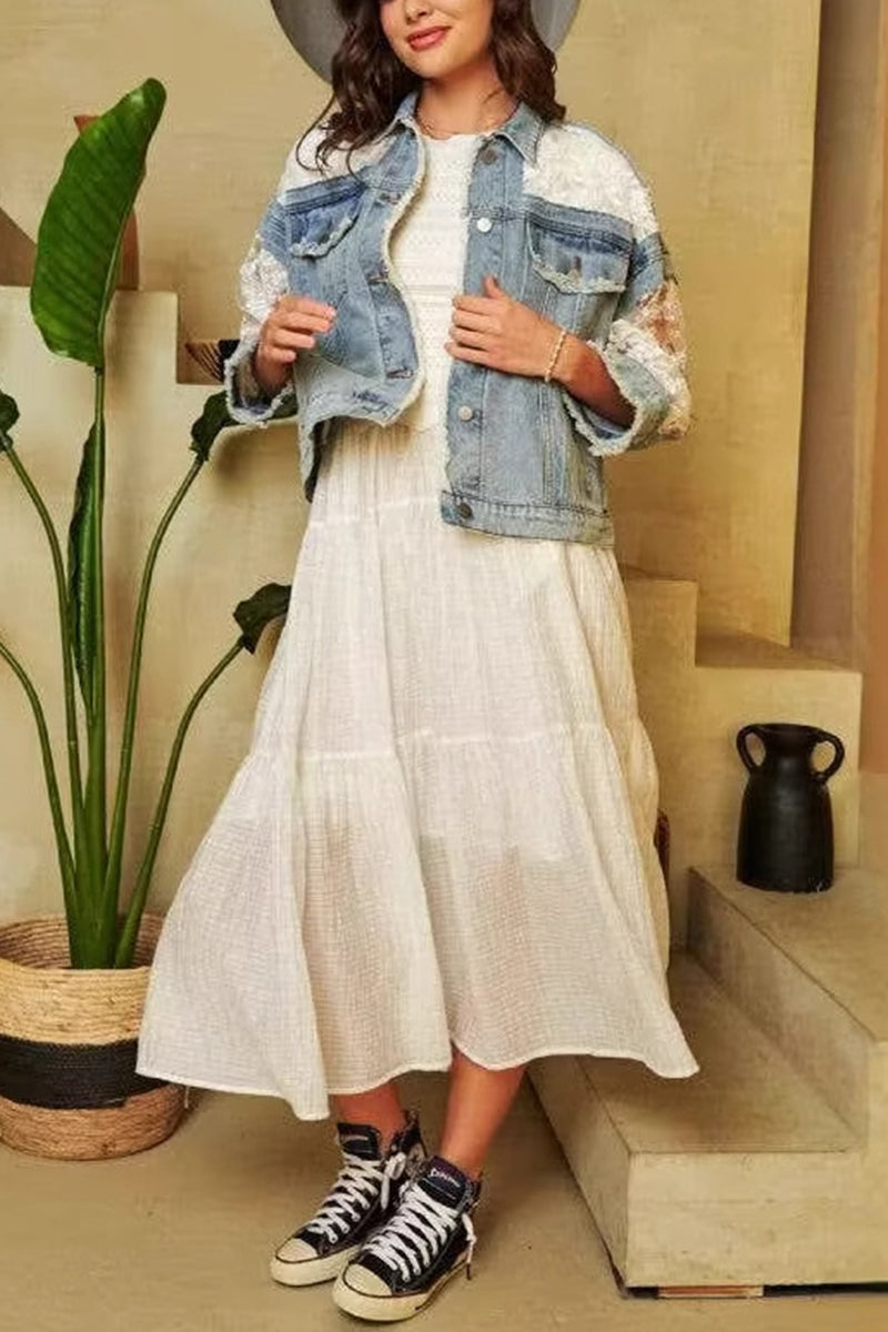 Chic Denim Jacket with Lace Sleeves