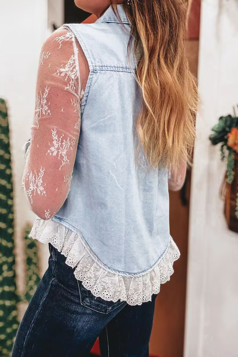 Chic Denim Vest with Lace Trim