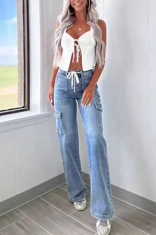 Stylish Straight Cargo Jeans with Drawstring