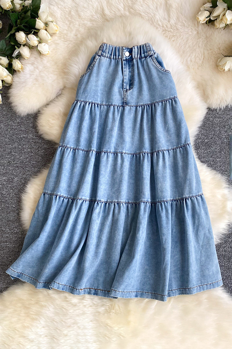 Tiered Denim Maxi Skirt