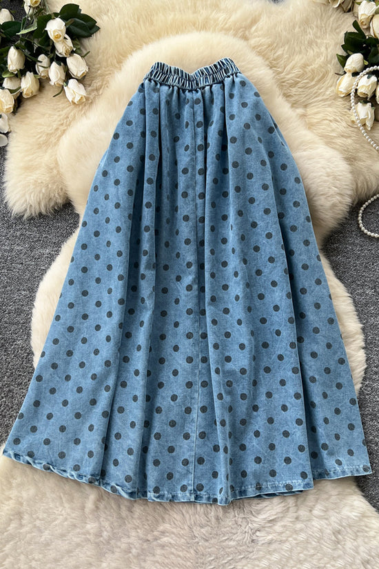 Polka Dot Flowy Denim Midi Skirt