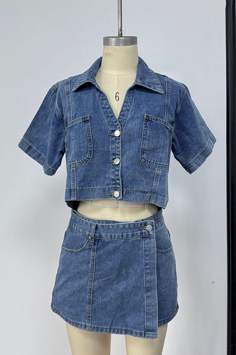 Stylish Denim Crop Top and Skirt Set