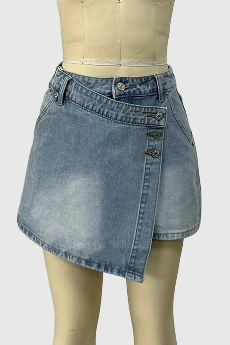 Asymmetric Buttoned Denim Shorts