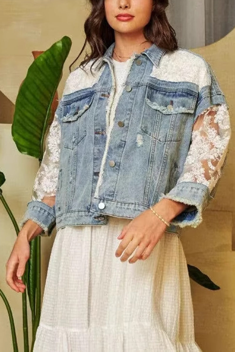 Chic Denim Jacket with Lace Sleeves