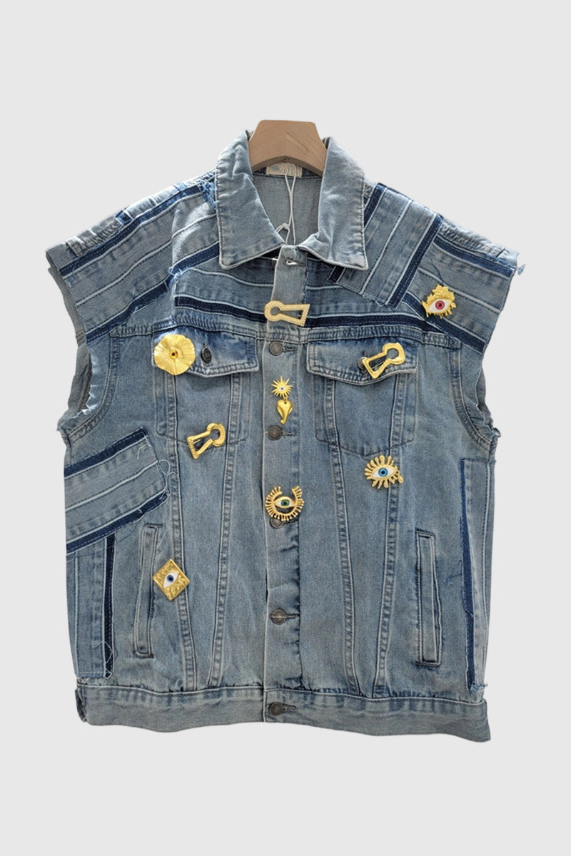 Embellished Sleeveless Denim Jacket