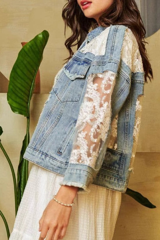 Chic Denim Jacket with Lace Sleeves