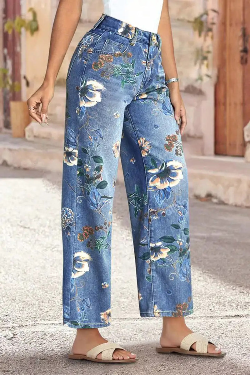 Floral Printed Straight Jeans