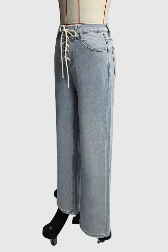 High-Waist Straight Jeans with Lace-Up Detail