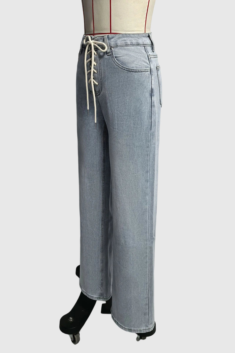 High-Waist Straight Jeans with Lace-Up Detail