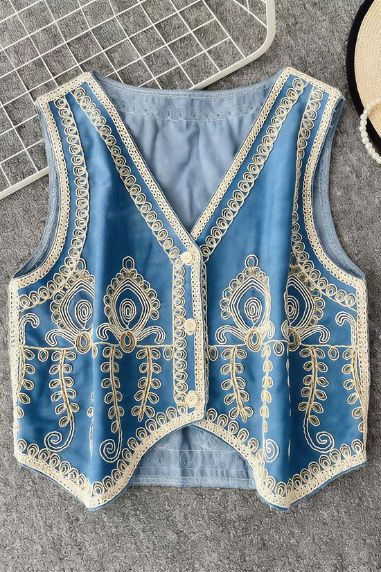 Patterned Sleeveless Denim Shacket