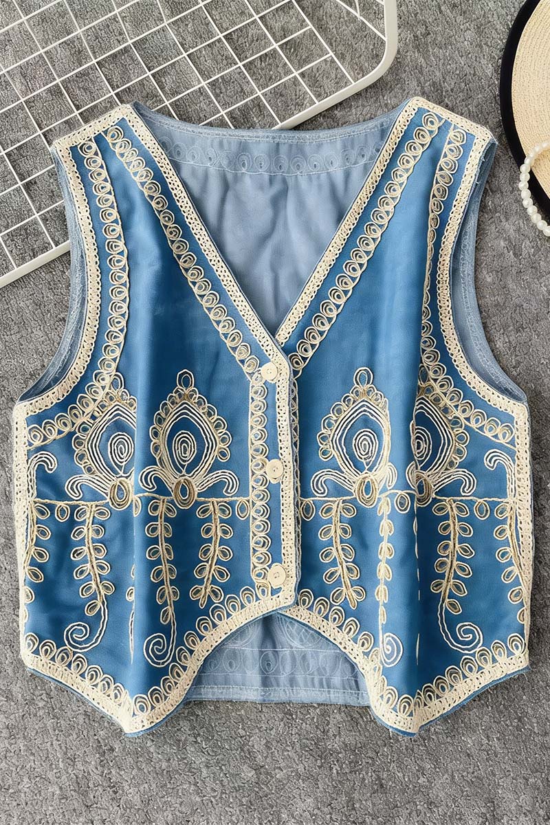Patterned Sleeveless Denim Shacket