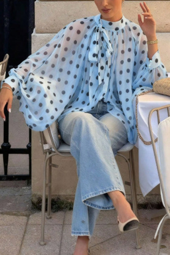Polka Dot Ruffled Blouse with Flowing Sleeves