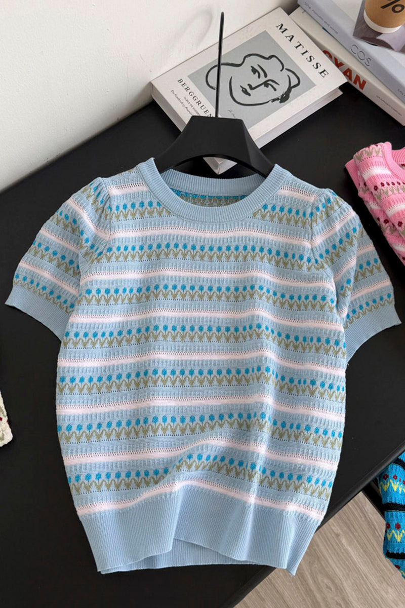 Patterned Short Sleeve Knit Tee