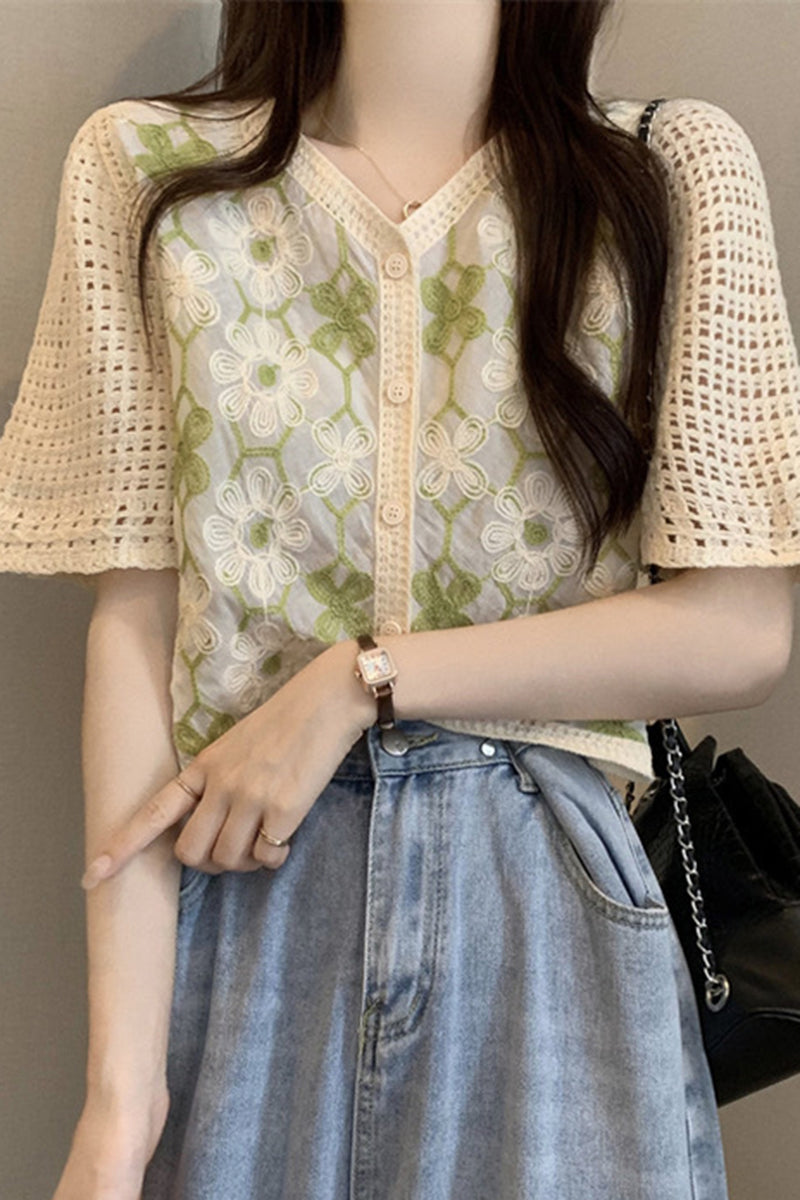 Floral Short Sleeve Button-Front Top