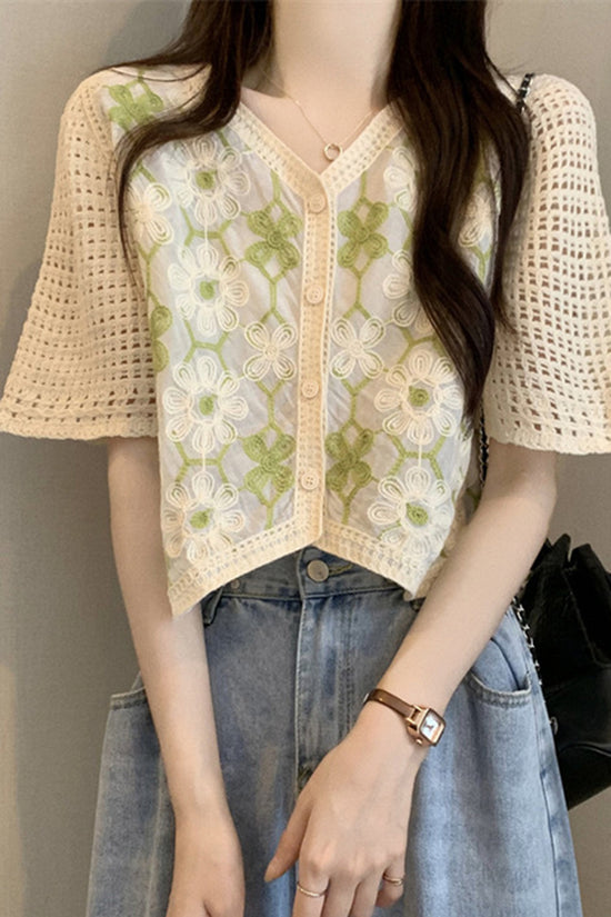 Floral Short Sleeve Button-Front Top