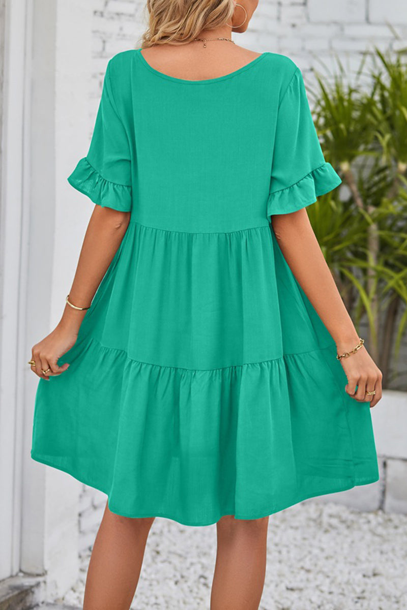 Flowy V-Neck Short Sleeve Tiered Dress