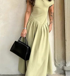 Asymmetrical Neck Pleated Midi Dress