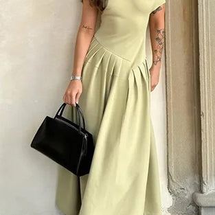 Asymmetrical Neck Pleated Midi Dress