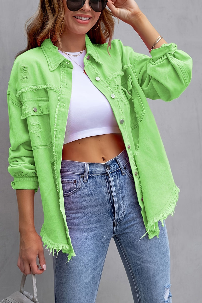 Distressed Denim Jacket with Frayed Hem
